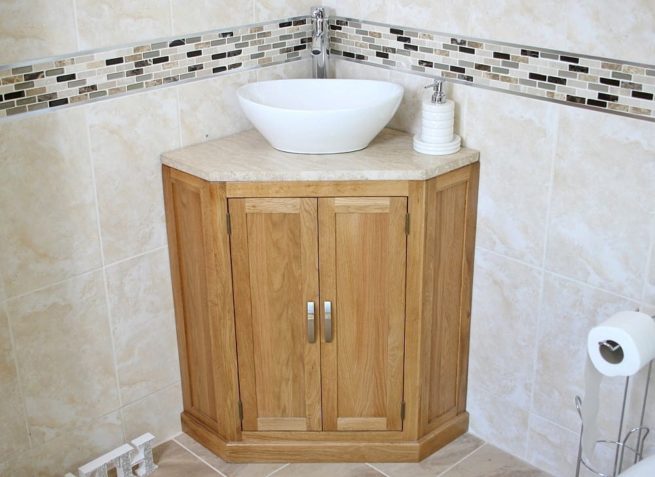 Oval Ceramic Basin on Corner Vanity Unit with Travertine Top - Front View