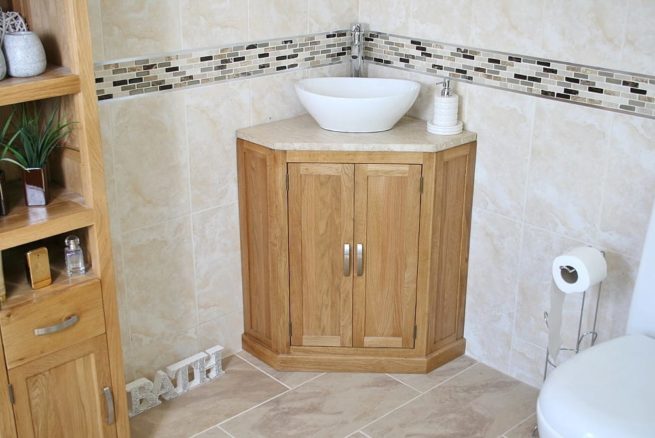 Travertine Top, Corner Vanity Unit with Oval Ceramic Bathroom Basin