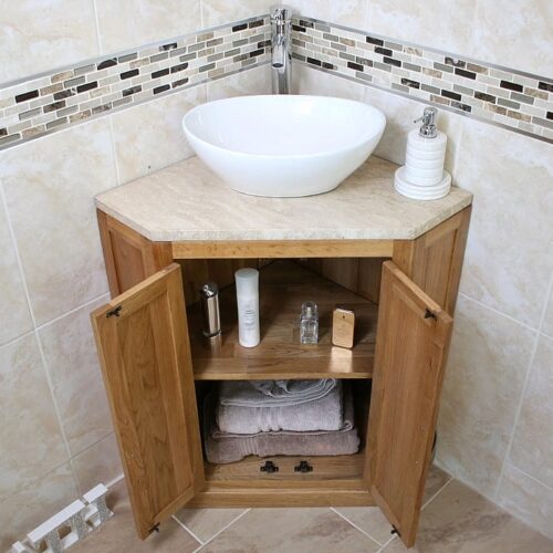 Corner Vanity Unit with Travertine Top & Oval Ceramic Wash Basin