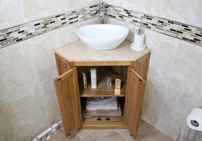 Corner Vanity Unit with Travertine Top & Oval Ceramic Wash Basin