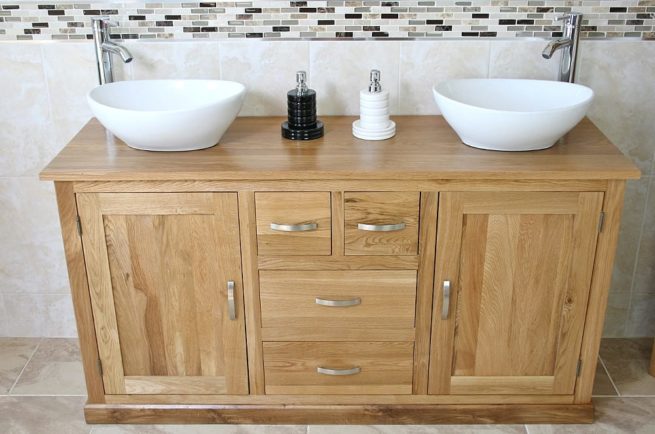 Large Oak Topped Vanity unit with Two White Ceramic Oval Basins