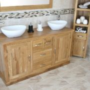 Large Oak Topped Vanity unit with Two White Ceramic Oval Bathroom Basins