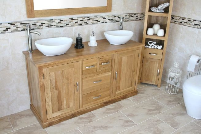 Large Oak Topped Vanity unit with Two White Ceramic Oval Bathroom Basins