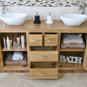 Showing all Storage in Double Basin Oak Topped Vanity Unit with White Ceramic Oval Basins