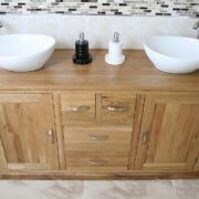 Two White Ceramic Oval Basins on Large Oak Topped Vanity Unit - Front View