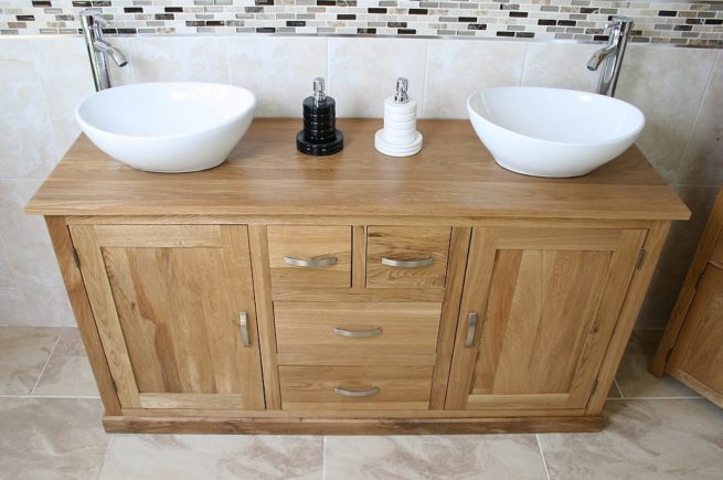 Two White Ceramic Oval Basins on Large Oak Topped Vanity Unit - Front View