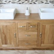 Large Oak Topped Vanity unit with Two White Ceramic Square Basins
