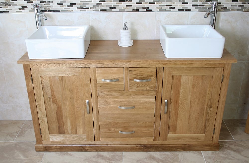 Large Oak Topped Vanity unit with Two White Ceramic Square Basins