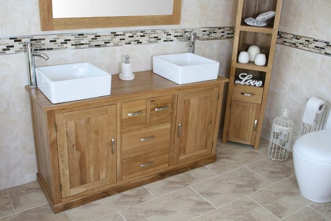Large Oak Top Vanity unit with Two Stunning White Ceramic Square Bathroom Basins