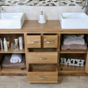 Showing all Storage in Big Oak Top Vanity Unit with White Ceramic Square Basins