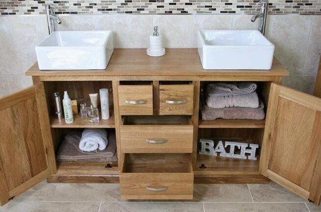 Showing all Storage in Big Oak Top Vanity Unit with White Ceramic Square Basins