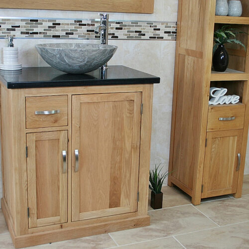 Oval Grey Marble Basin on Black Quartz Top Vanity Unit