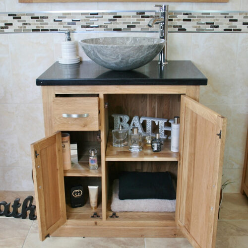 Open Black Quartz Top Vanity Unit with Oval Grey Marble Basin Showing Storage