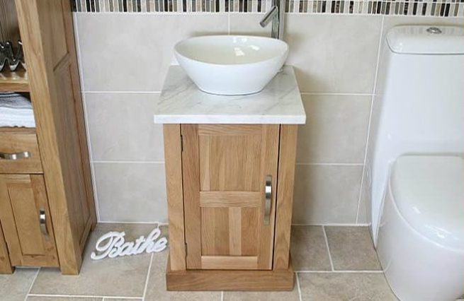 Oval Ceramic White Bathroom Basin & White Marble Top on Small Oak Vanity Unit