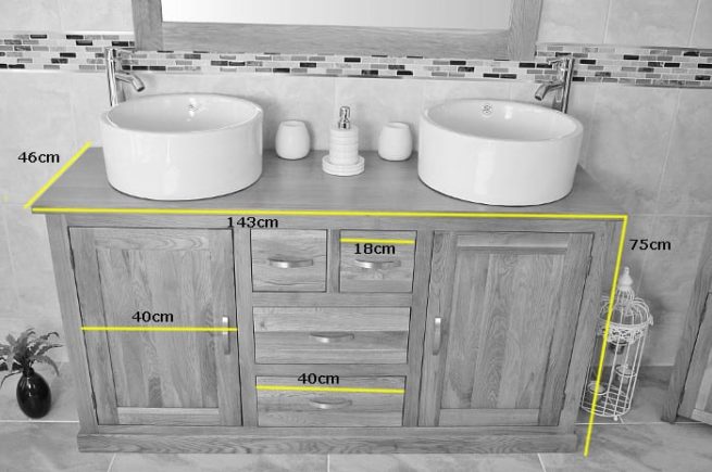 Measurements of Large Oak Topped Vanity Unit with Two Ceramic Bathroom Bowls