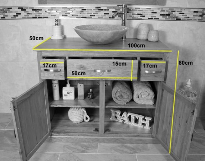 Single Basin Stone Top Oak Vanity Unit - Measurements