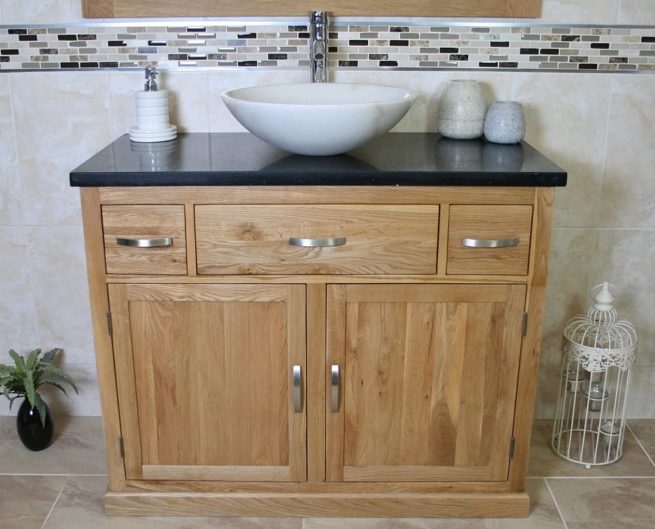 Black Quartz Top Vanity Unit with White Marble Oval Basin