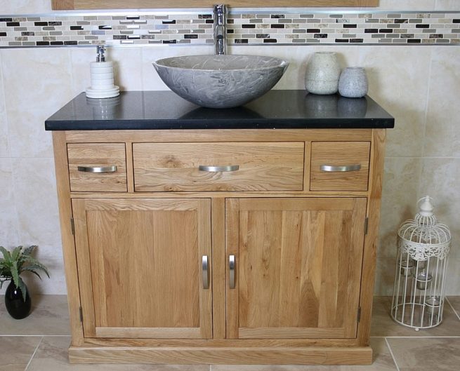 Black Quartz Top Vanity Unit & Grey Marble Oval Basin - Front View