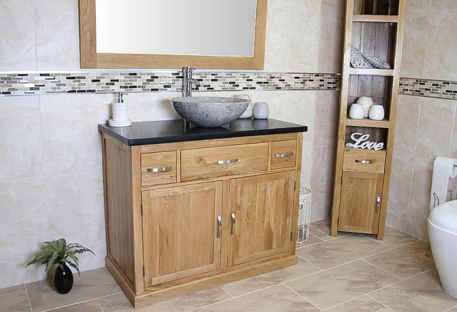 Black Quartz Top Vanity Unit with Grey Marble Oval Basin - Side View