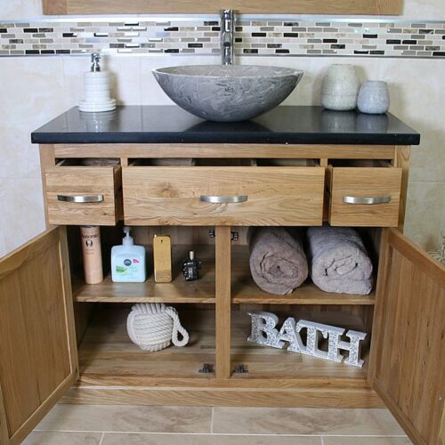 Black Quartz Top Vanity Unit with Oval Grey Marble Basin - Open Storage