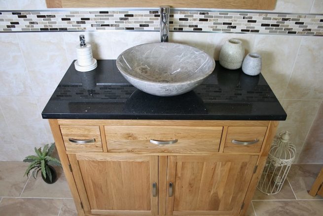 Above View of Grey Marble Basin on Quartz Top Vanity Unit