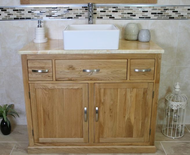 White Ceramic Rectangle Basin on Golden Onyx Top Vanity Unit - Front View