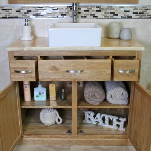 Golden Onyx Top Vanity Unit & White Ceramic Rectangle Basin - Showing Storage