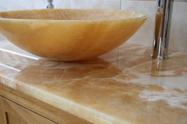 Golden Onyx Basin on Honey Onyx Vanity Top