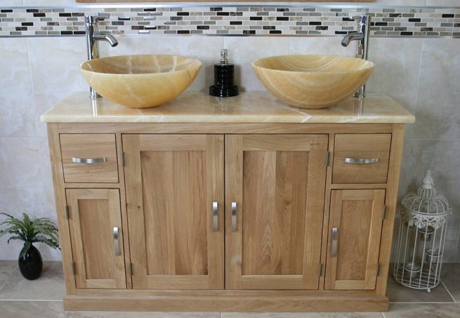 Double Basin Golden Onyx Top Vanity Unit with Two Golden Honey Onyx Sinks