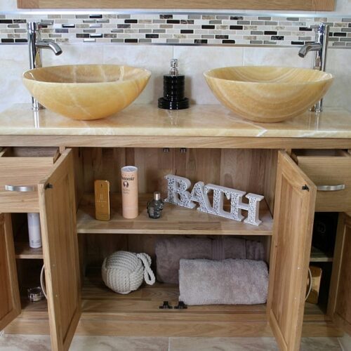 Golden Onyx Topped Vanity Unit with Two Honey Onyx Sinks with Loads of Storage