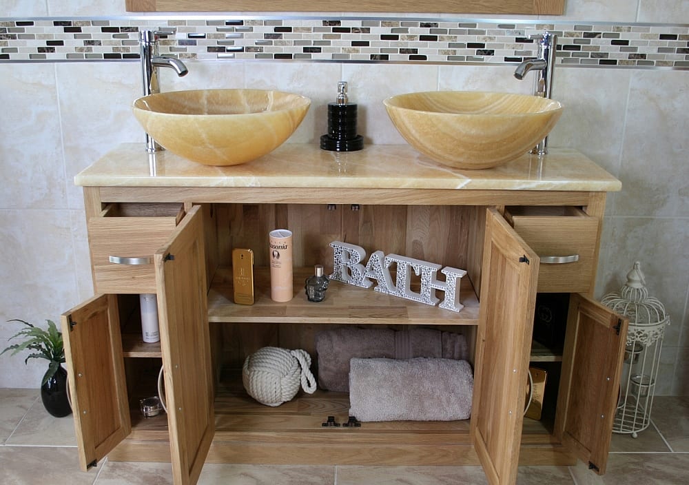 Golden Onyx Topped Vanity Unit with Two Honey Onyx Sinks with Loads of Storage