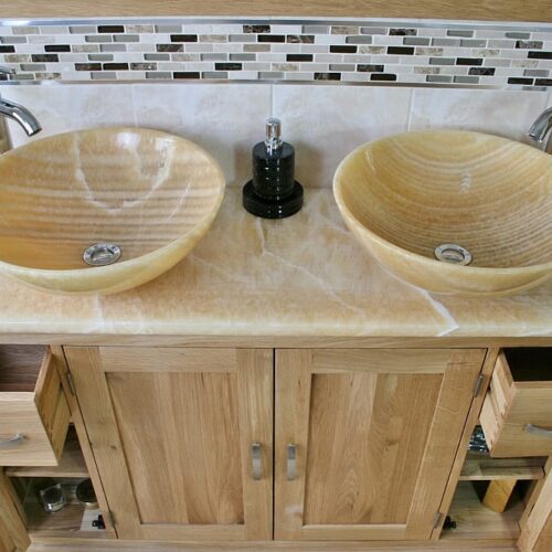 View Above Large Golden Onyx Topped Vanity Unit with Two Honey Onyx Sinks
