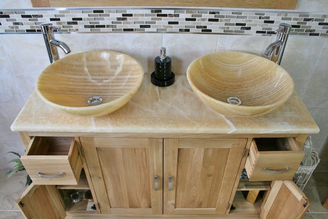 View Above Large Golden Onyx Topped Vanity Unit with Two Honey Onyx Sinks
