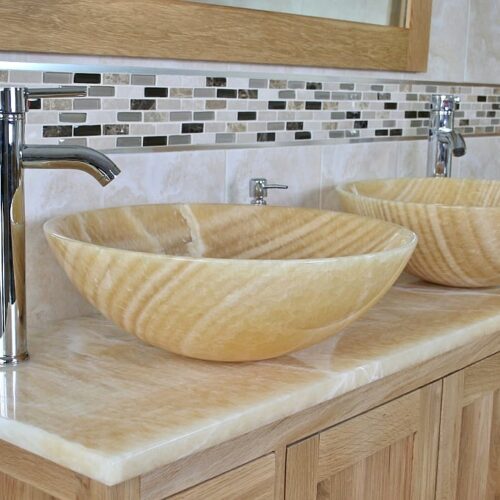 Large Golden Onyx Topped Vanity Unit with Two Honey Onyx Sinks Side View