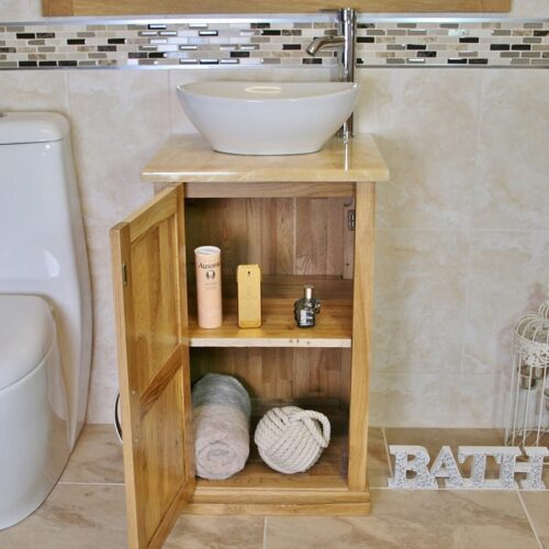 Open Onyx Top Vanity Unit with Oval White Ceramic Basin Showing Storage