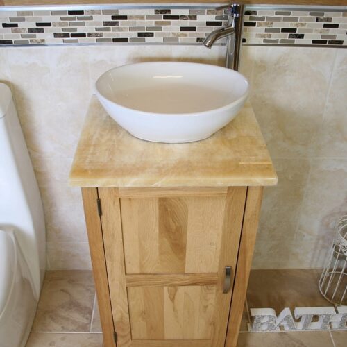 Close Up of Onyx Top Vanity Unit with Oval White Ceramic Basin