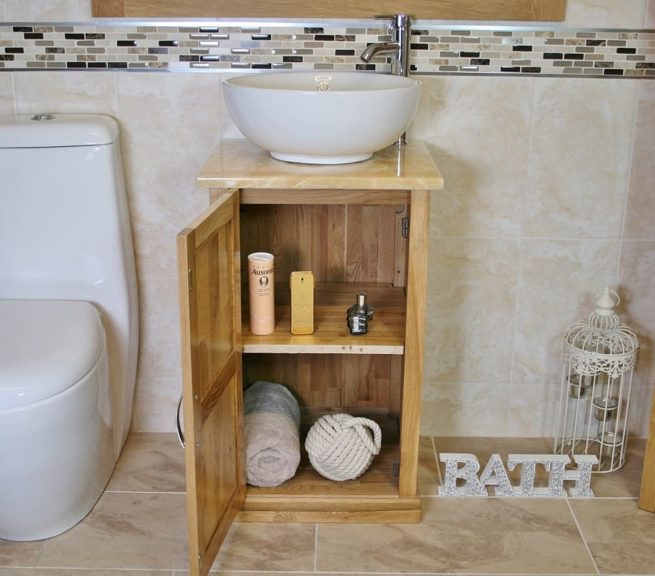 Open Onyx Top Vanity Unit with Round Curved White Ceramic Basin Showing Storage