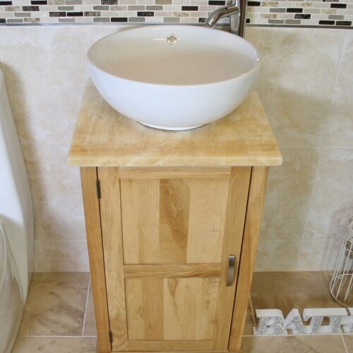 Close Up of Onyx Top Vanity Unit with Round White Ceramic Basin
