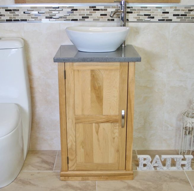 Grey Quartz Topped Small Oak Vanity with Oval Ceramic Basin