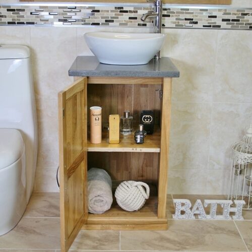 Compact Vanity Unit Showing Storage with Grey Quartz Top & Oval Ceramic Basin