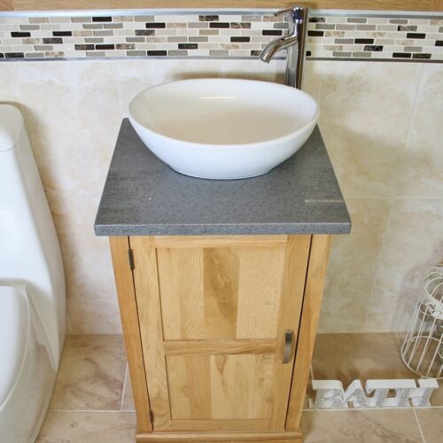 Oval White Ceramic Basin on Grey Quartz Topped Compact Oak Vanity Unit