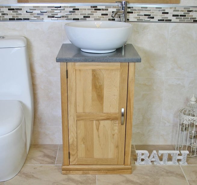 Grey Quartz Topped Small Vanity with Round Curved Ceramic Bathroom Basin