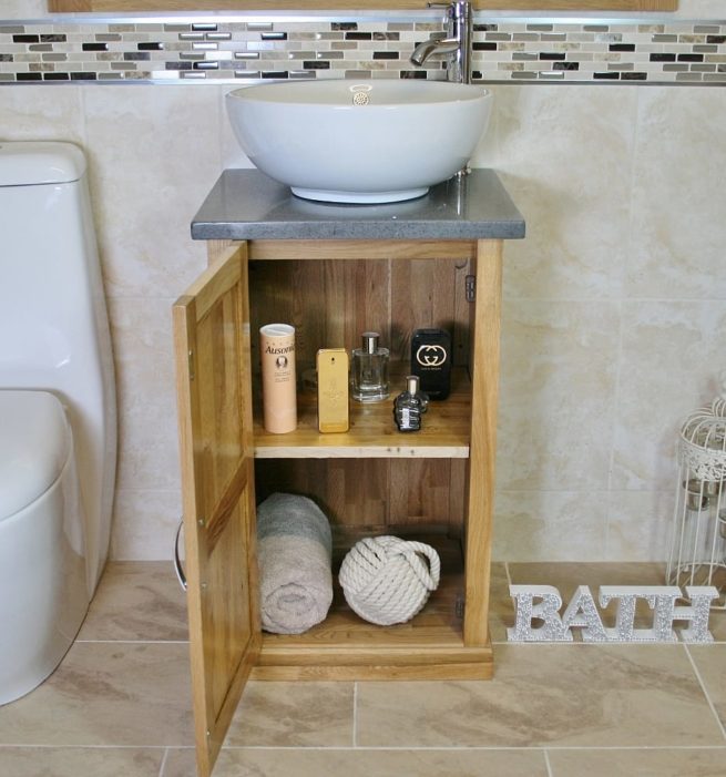 Compact Vanity Unit Showing Storage, Grey Quartz Top & Round Curved Ceramic Bathroom Basin