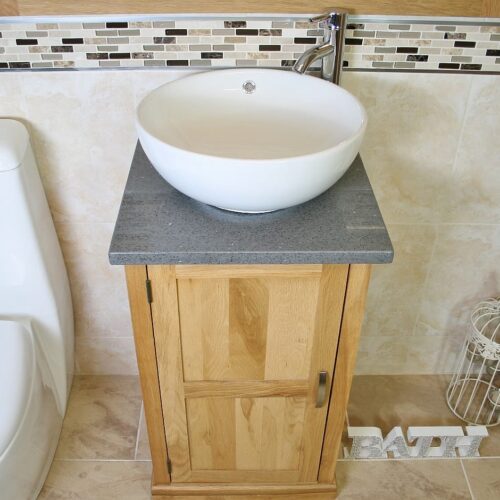 Round Curved White Ceramic Basin on Grey Quartz Topped Compact Oak Vanity Unit