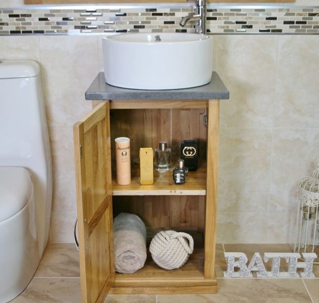 Compact Vanity Unit Showing Storage with Grey Quartz Top & Round Ceramic Basin