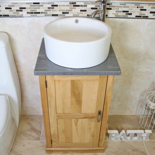 Round White Ceramic Basin on Grey Quartz Topped Compact Oak Vanity Unit
