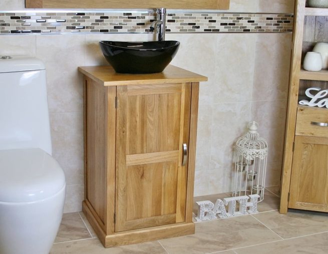 Oak Top Bathroom Vanity Unit & Oval Black Ceramic Basin and Tap Set - Side View