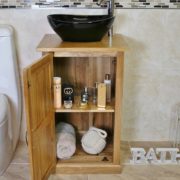Oak Bathroom Vanity Unit & Oval Black Ceramic Basin & Tap Set - Showing Unit Storage