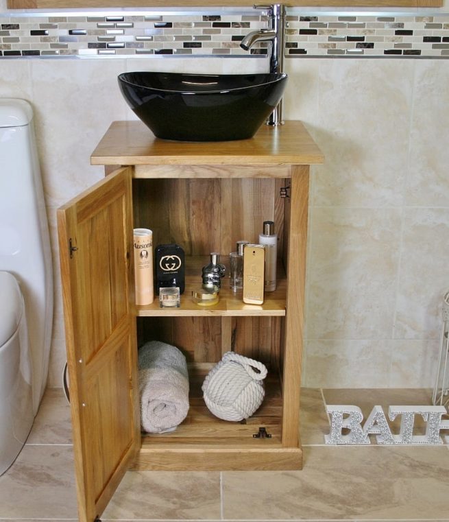 Oak Bathroom Vanity Unit & Oval Black Ceramic Basin & Tap Set - Showing Unit Storage