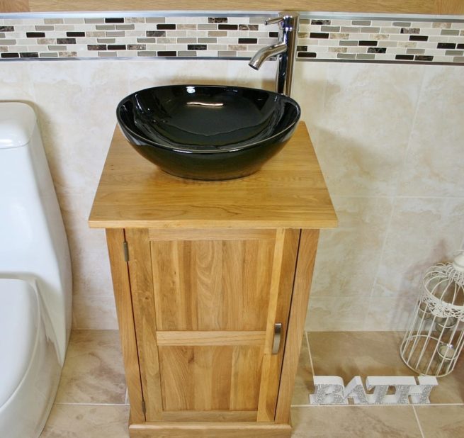 Oak Vanity Unit with Oval Black Ceramic Basin & Chrome Tap Set - Above View